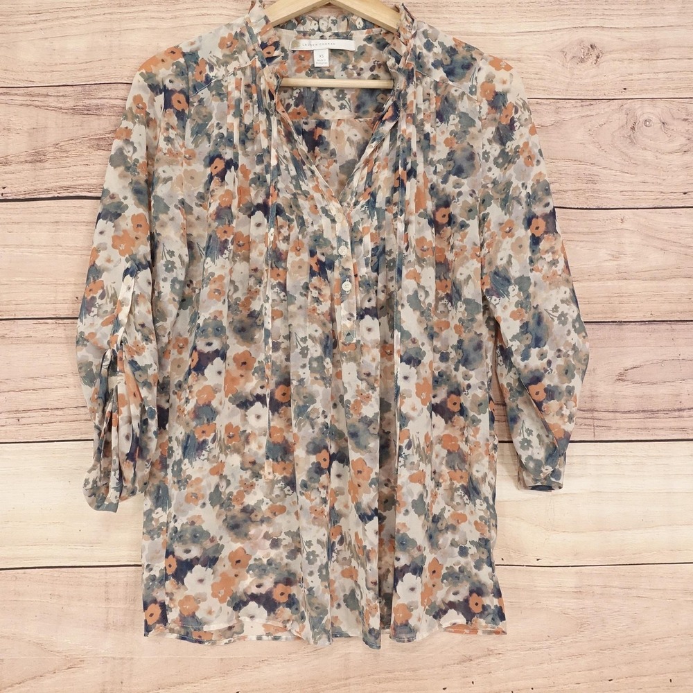 Lauren Conrad Blouse Womens XS Multicolor Floral Sheer Henley 3/4 Sleeve Top